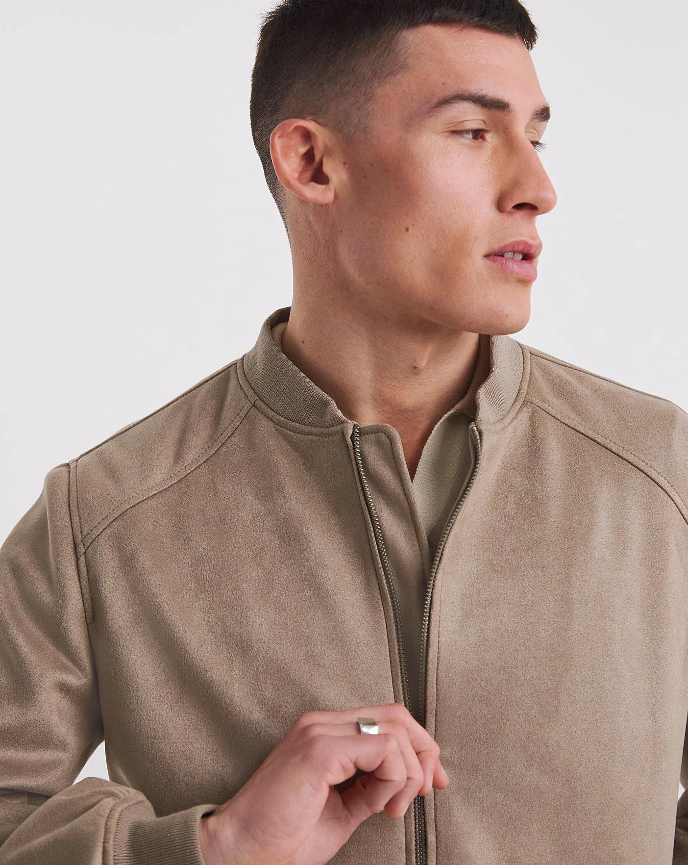 Beige Faux Suede Bomber - Image 2