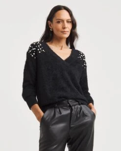 Pearl Detail Embellished V Neck Fluffy J