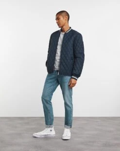 Navy Diamond Quilted Bomber Jacket