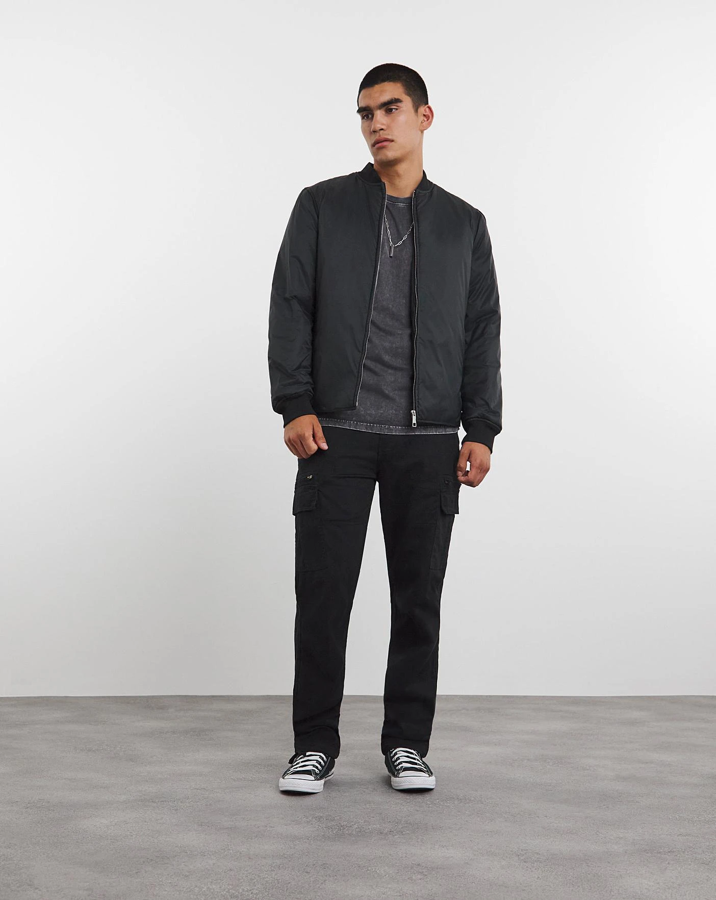 Black Padded Bomber Jacket - Image 2